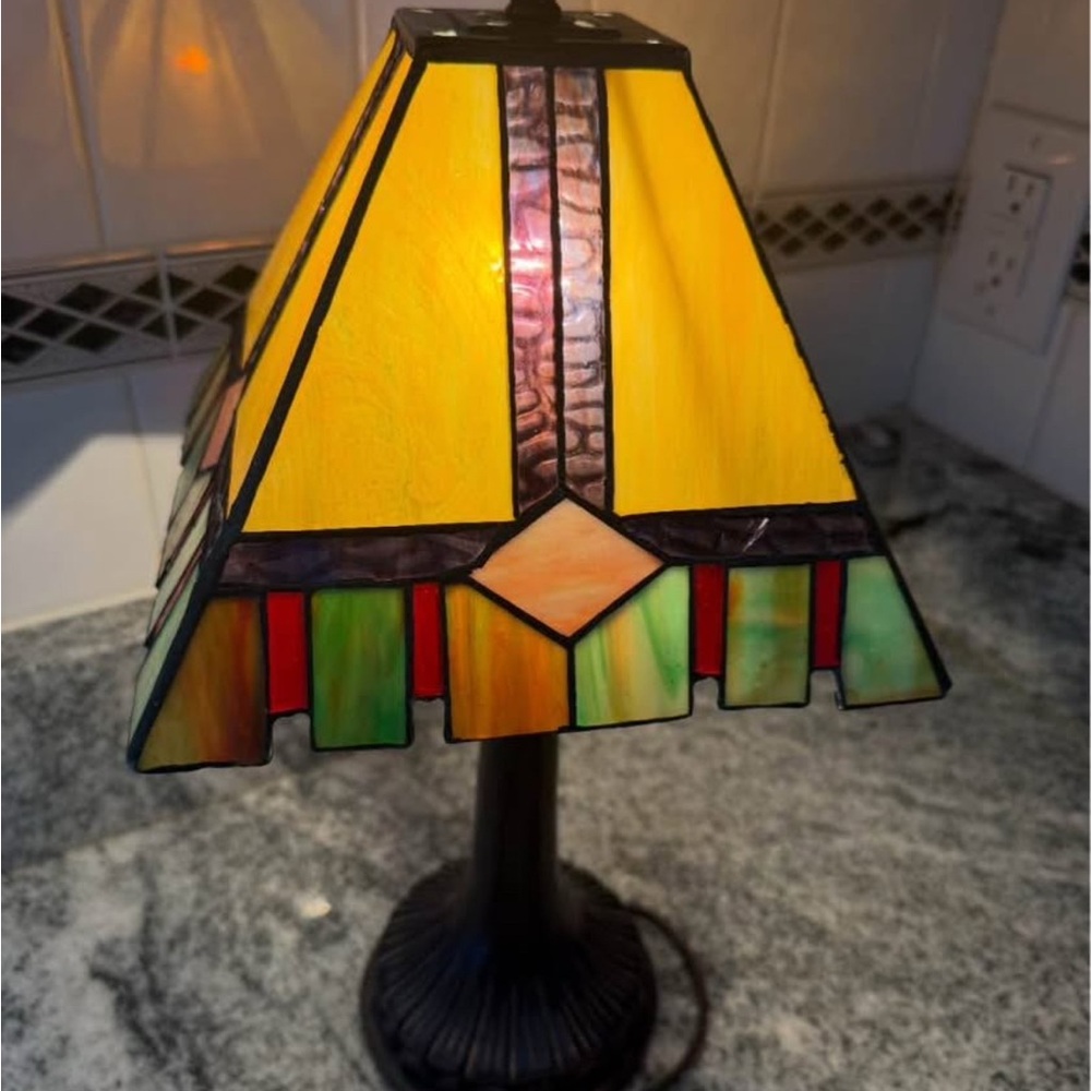 Stained Glass Table Lamp with Yellow and Green Accents